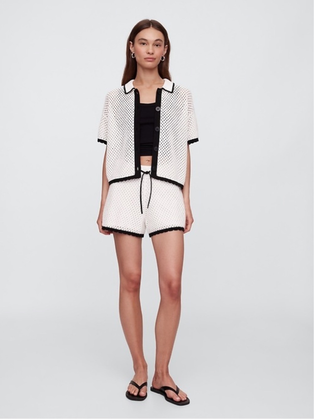 Gap Factory Crochet Cardigan & Shorts Matching Set - Black Off White - Size L/XL